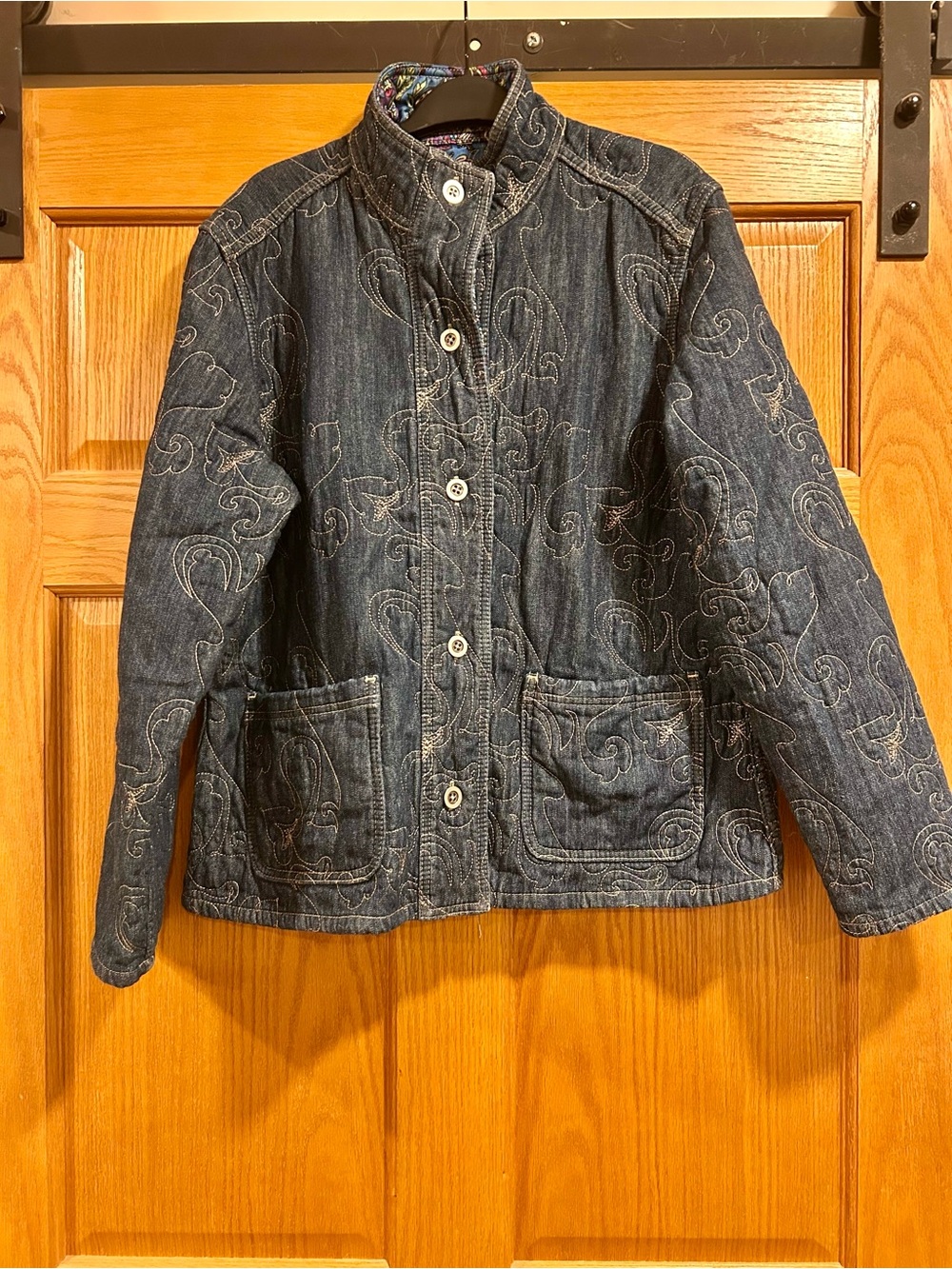 Chicos Reversible Quilted Denim Button-Up Jacket, Dark Blue/Paisley Large